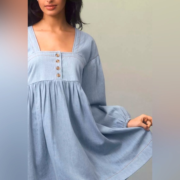 Anthropologie Long-Sleeve Square-Neck Denim Mini Babydoll Dress Size S - Picture 2 of 6